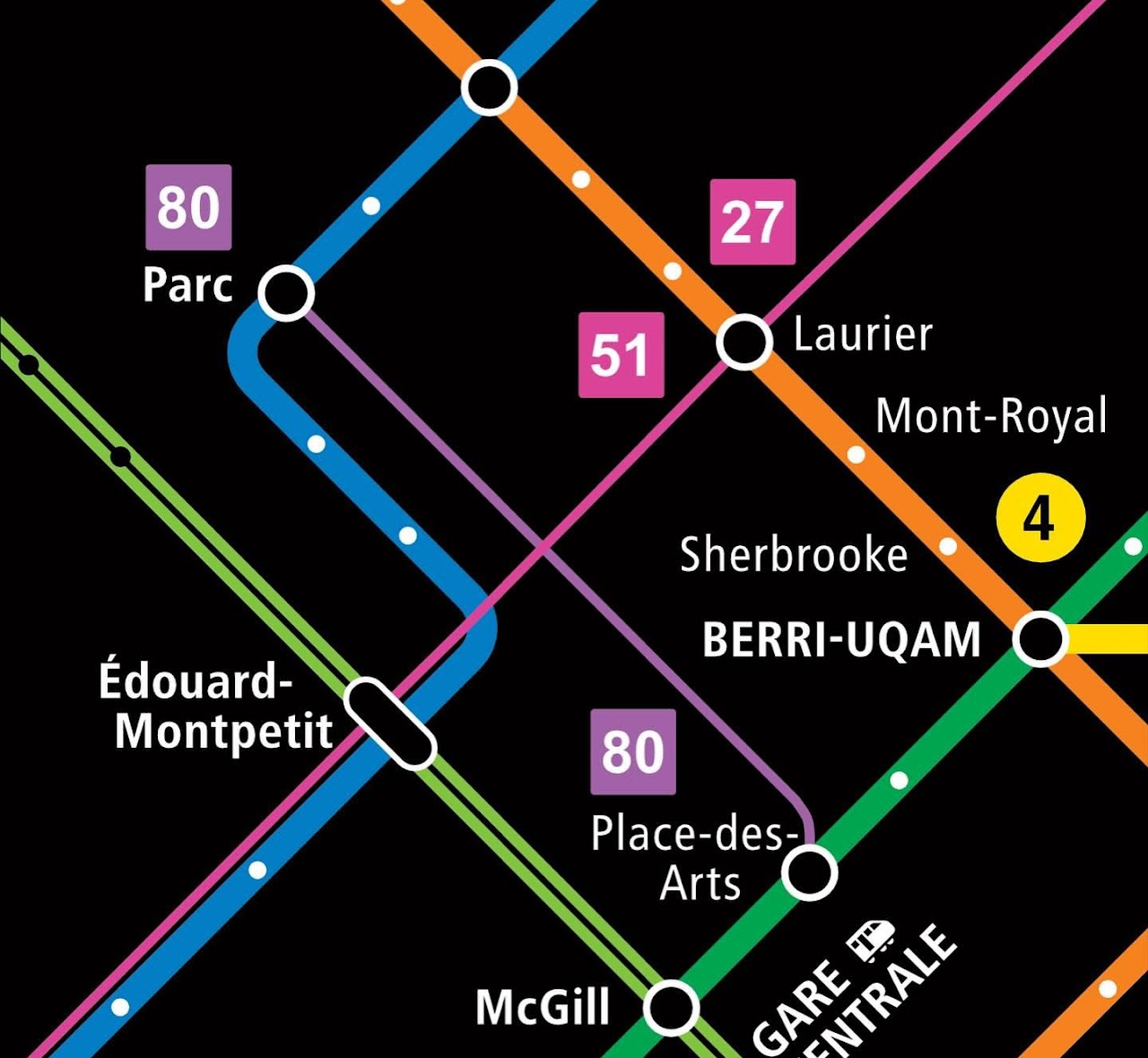 Carte des accès au REM depuis le Plateau